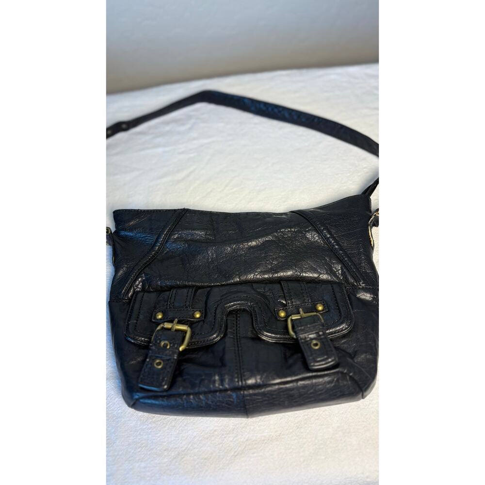 Stone Mountain Black Leather Slouch Hobo Crossbody Boho Moto Bag - Picture 14 of 16